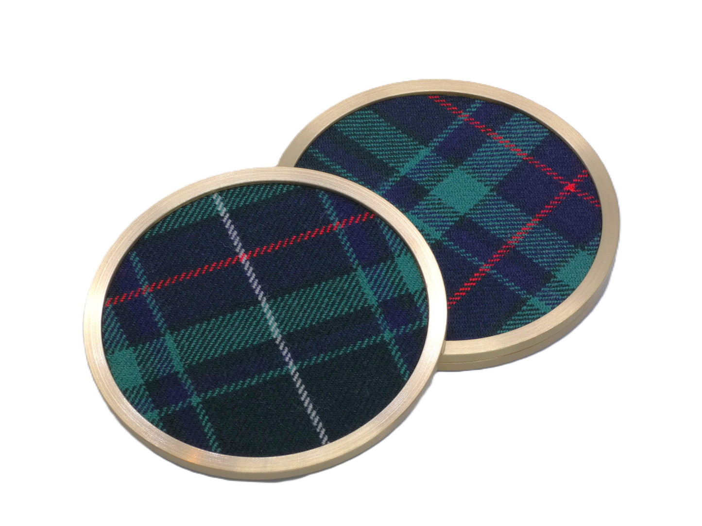 Brass coaster with Fraser Hunting Wool Tartan Design
