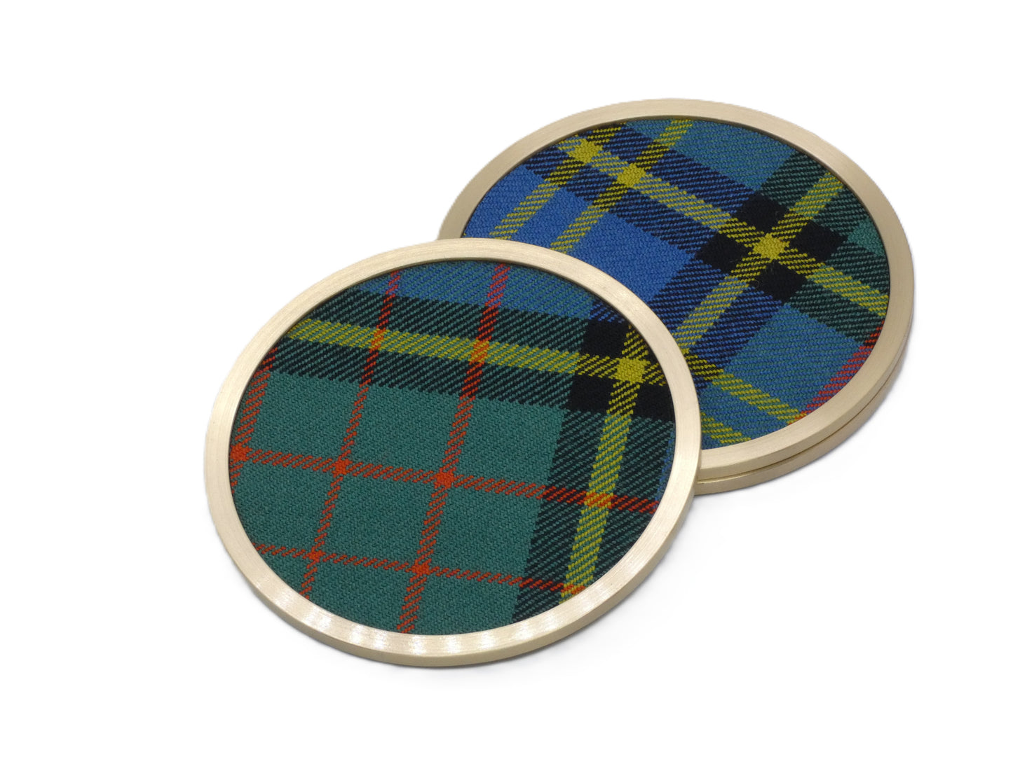 Brass coaster with MacMillan Wool Tartan Design